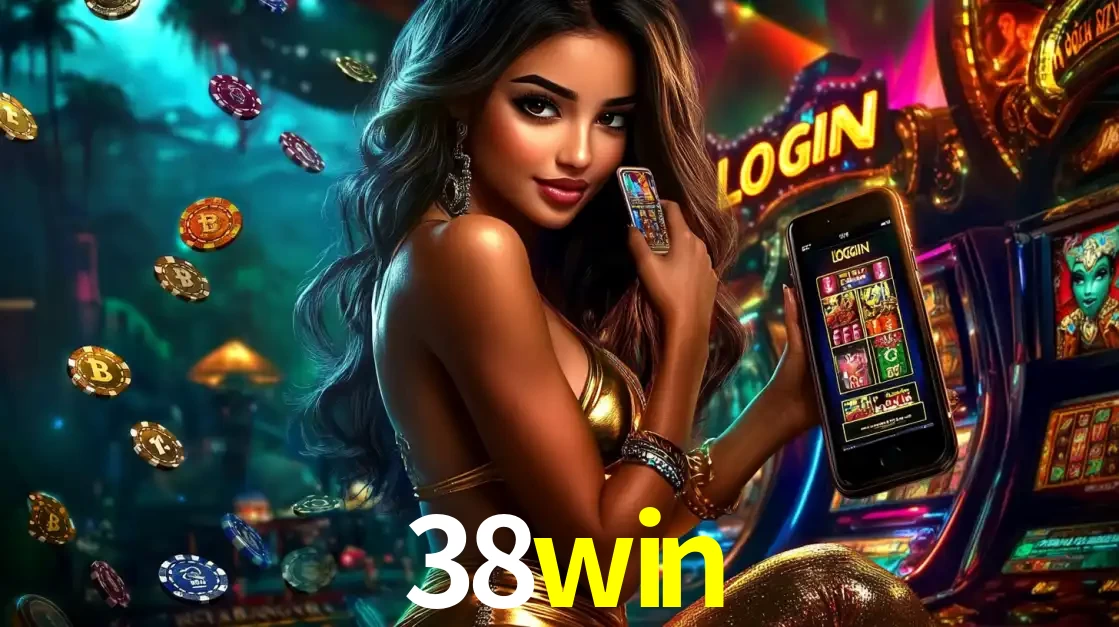 Mulher em um cenário de cassino temático de aventura, mostrando o app de caça-níqueis da 38win no celular. Fichas de apostas flutuam ao redor.