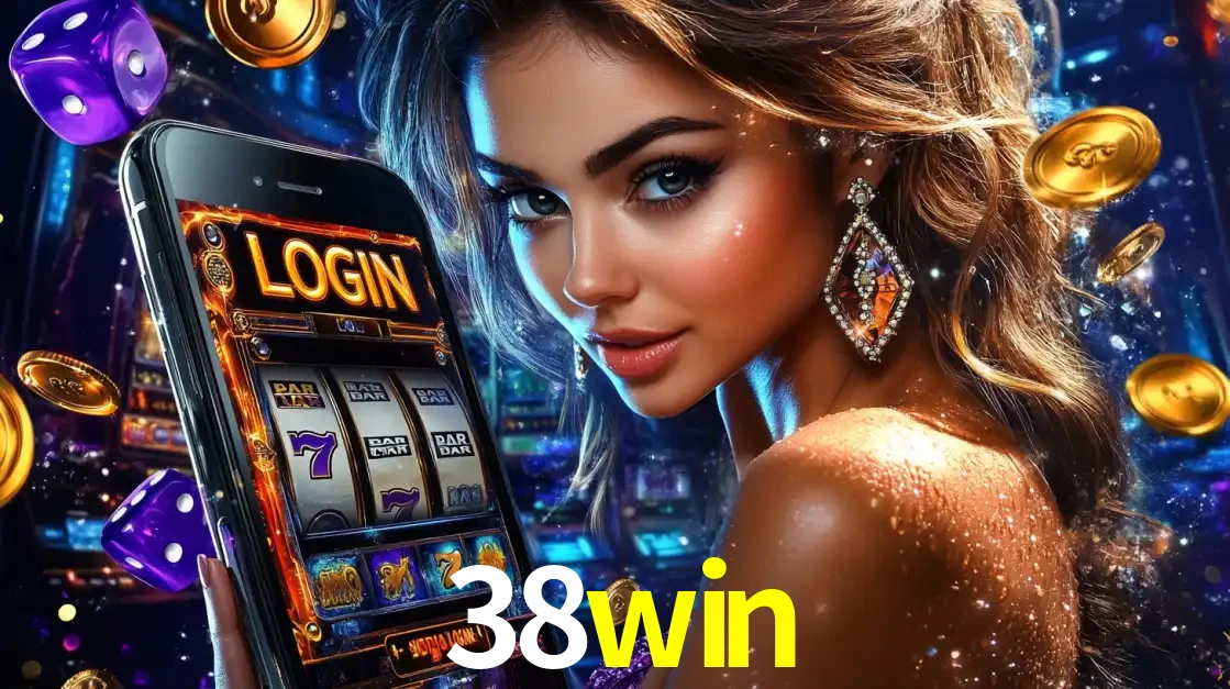 Mulher glamorosa segurando um smartphone com a tela de login para os jogos de caça-níqueis do cassino online 38win, com moedas de ouro e dados ao redor.
