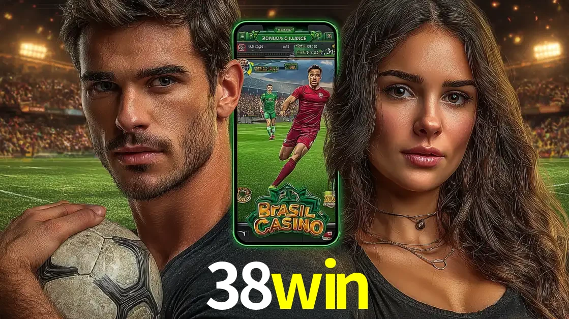 Homem segurando uma bola de futebol e uma mulher ao lado de um smartphone exibindo o jogo de apostas esportivas da 38win. Faça seu palpite no cassino online.